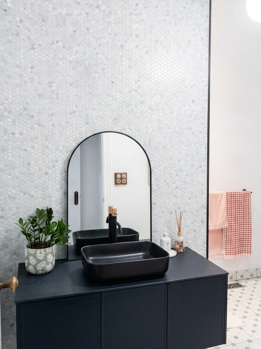 Arched Vanity with Penny Round Mosaic Feature Wall