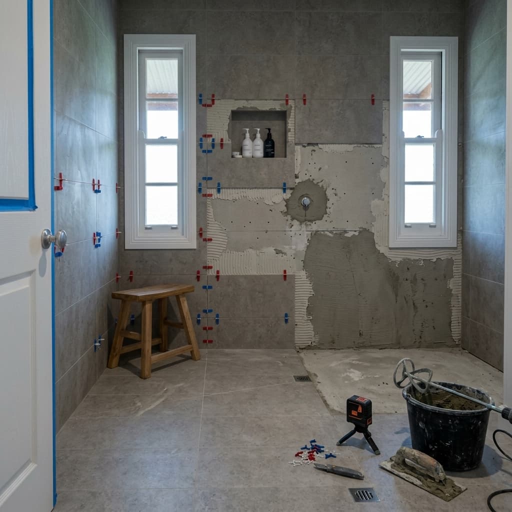 Ensuite Mid-Renovation with Levelling Clips & Grey Stone