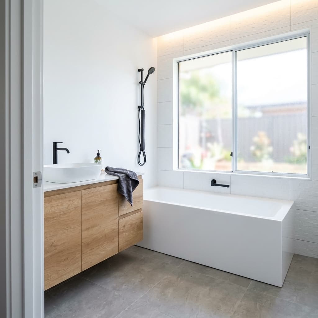 Modern Bathroom with Oak Floating Vanity & Freestanding Bath